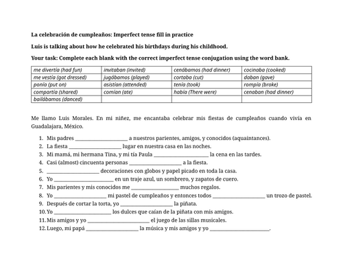 La celebración de cumpleaños: Imperfect tense fill in practice