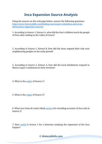 Inca Empire Expansion Source Analysis Worksheet