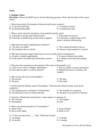 Ozymandias by Percy Bysshe Shelley (Test Questions and Answer Key)