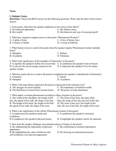 Phenomenal Woman by Maya Angelou (Test Questions and Answer Key)