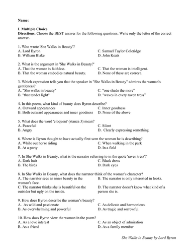 She Walks In Beauty by Lord Byron (Test Questions and Answer Key)