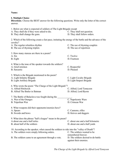The Charge of the Light Brigade by Alfred Lord Tennyson (Test Questions w/ Answer)