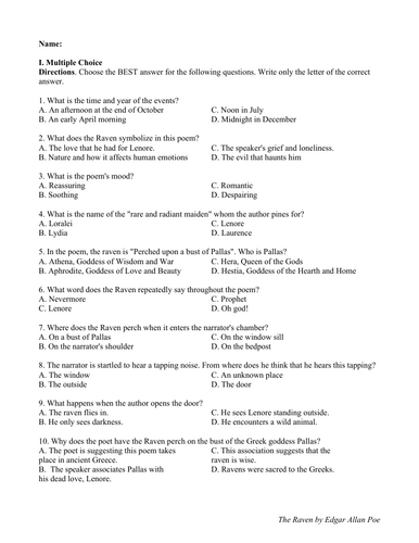 The Raven by Edgar Allan Poe (Test Questions and Answer Key)