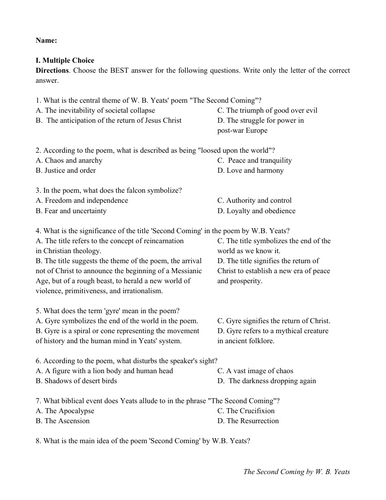 The Second Coming by W.B. Yeats (Test Questions and Answer Key)