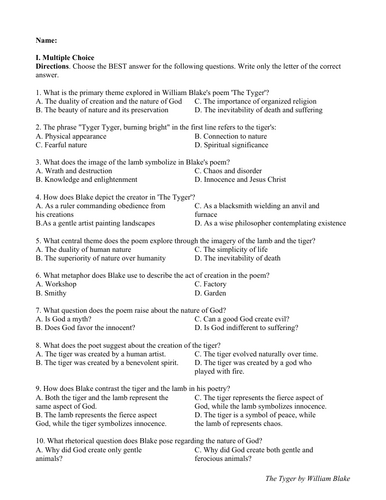 The Tyger by William Blake (Test Questions and Answer Key)