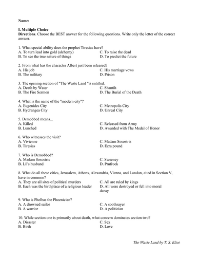 The Waste Land by T.S. Eliot (Test Questions and Answer Key)
