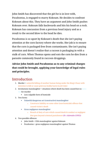 A-Level Law: Involuntary Manslaughter Scenario + Model + Plan - Eduqas Criminal Law