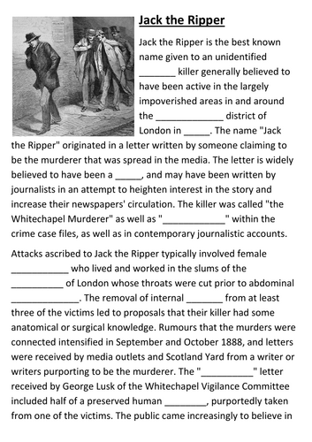 Jack the Ripper Cloze Activity - fill the gaps