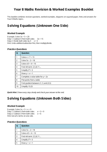 Year 8 Algebra, Ratio and Proportion Revision