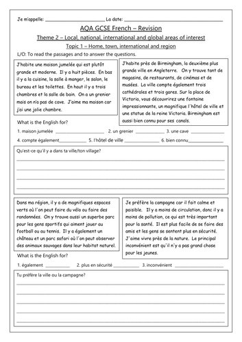 FRENCH AQA GCSE  - THEME 2 - TOPICS 1,2,3 & 4