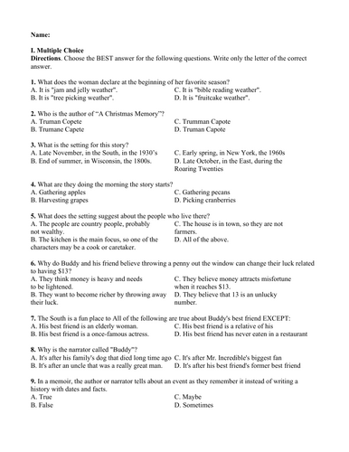 A Christmas Memory by Truman Capote (Test Questions and Answer Key)