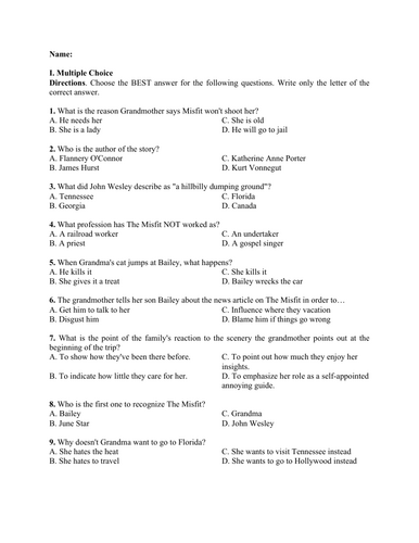 A Good Man is Hard to Find by Flannery O'Connor (Test Questions and Answer Key)