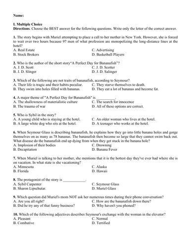 A Perfect Day for Bananafish by J. D. Salinger (Test Questions and Answer Key)