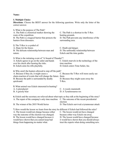 A Sound of Thunder by Ray Bradbury (Test Questions and Answer Key)