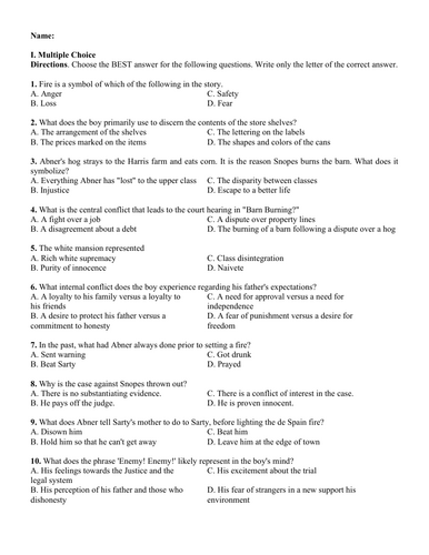 Barn Burning by William Faulkner (Test Questions and Answer Key)