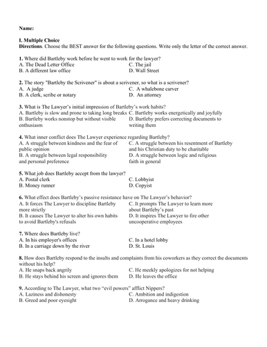 Bartleby, The Scrivener by Herman Melville (Test Questions and Answer Key)