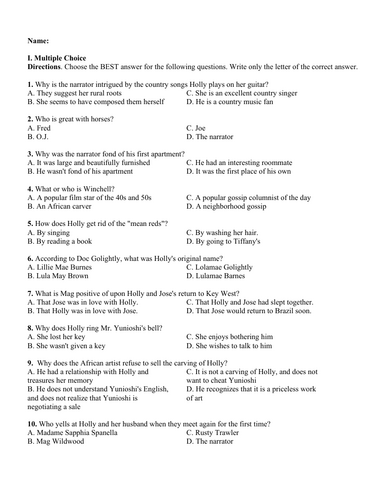 Breakfast at Tiffany’s by Truman Capote (Test Questions and Answer Key)