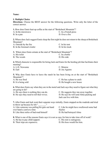 Brokeback Mountain by Annie Proulx (Test Questions and Answer Key)