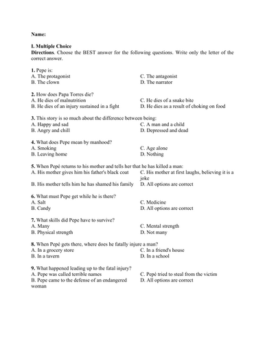 Flight by John Steinbeck (Test Questions and Answer Key)
