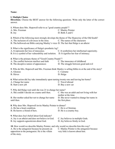 Good Country People by Flannery O'Connor (Test Questions and Answer Key)