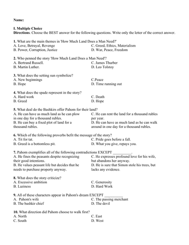 How Much Land Does a Man Need? by Leo Tolstoy (Test Questions and Answer Key)