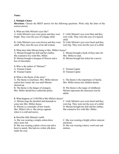 Miriam by Truman Capote (Test Questions and Answer Key)