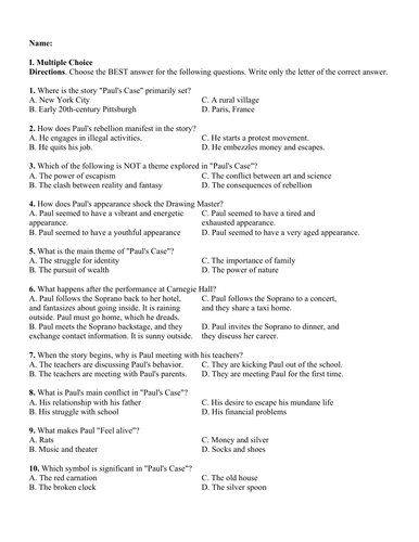 Paul’s Case by Willa Cather (Test Questions and Answer Key)