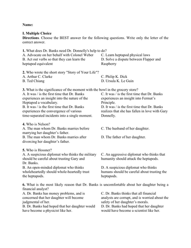 Story of Your Life by Ted Chiang (Test Questions and Answer Key)