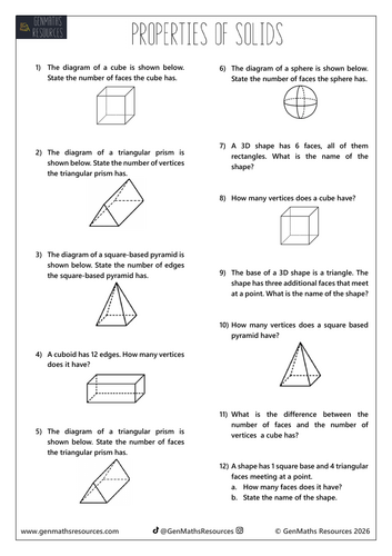 Properties of Solids - Maths GCSE Foundation Worksheet