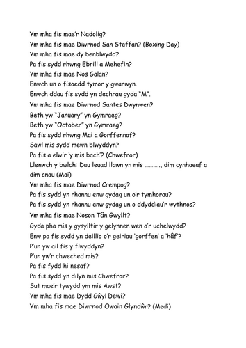 ADNODD ATHRAWON BLWYDDYN 6: "Ym mha fis mas..." cyfres o gwestiynnau ar fisoedd y flwyddyn