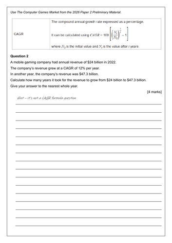AQA Core Maths - Paper 2 - 2026 - Preliminary Material - Computer Games Market - CAGR Q2