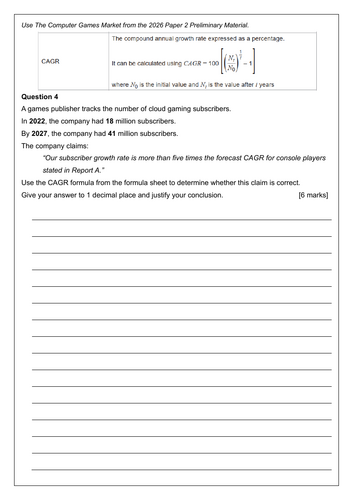 AQA Core Maths - Paper 2 - 2026 - Preliminary Material - Computer Games Market - CAGR Q4