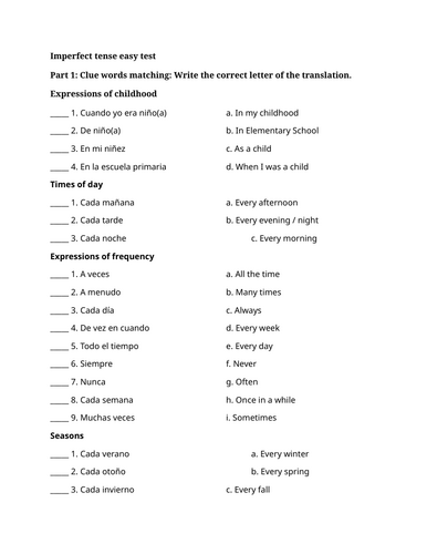 Imperfect tense easy test (Spanish)