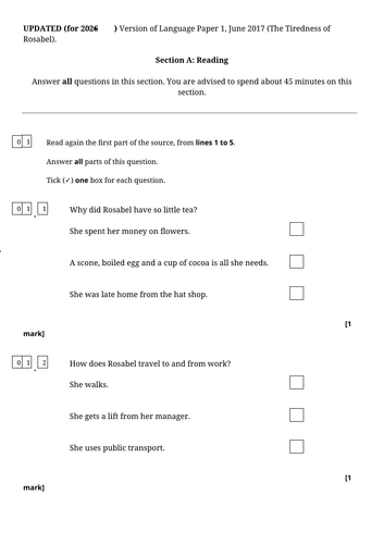 AQA GCSE English Language Paper 1 Rosabel updated for 2026
