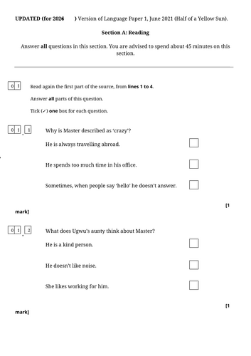 AQA GCSE English Language Paper 1 Half of a Yellow Sun updated for 2026
