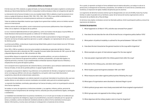 Argentinian Dictatorship Reading Comprehension