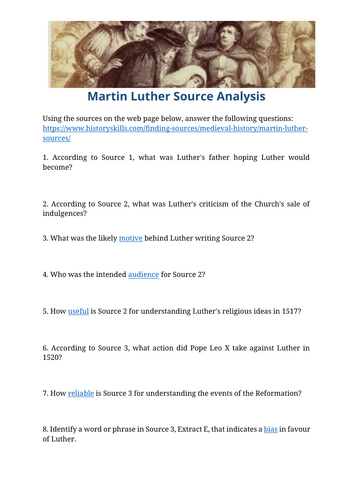 Martin Luther and the Reformation Source Analysis Worksheet | Teaching ...