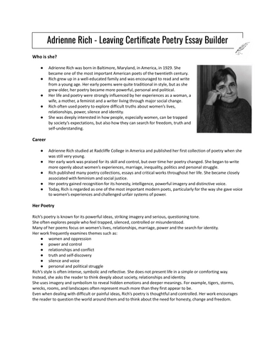 Adrienne Rich Leaving Certificate Poetry Essay Builder | Power and Powerlessness Question