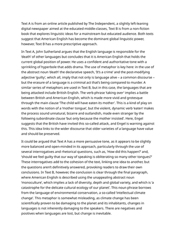 Example Essay Paper 2 Q3 Comparison (AQA English Language A Level ...