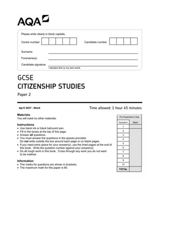 AQA Citizenship Paper 2  Predicted Mock 2027 Life in Modern Britain/Rights and Responsiblities