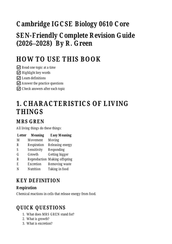Cambridge IGCSE Biology 0610 Core SEN-Friendly Complete Revision Guide (2026–2028)