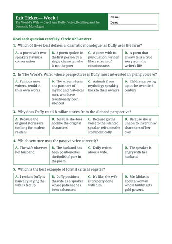The World's Wife — Carol Ann Duffy: Voice, Retelling and the Dramatic Monologue | Year 6 English