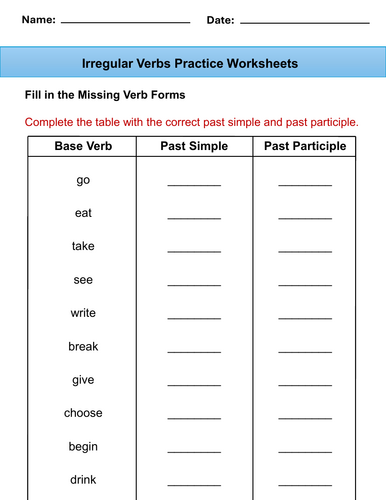 Irregular Verbs Practice Worksheets | Past Tense Grammar Activities