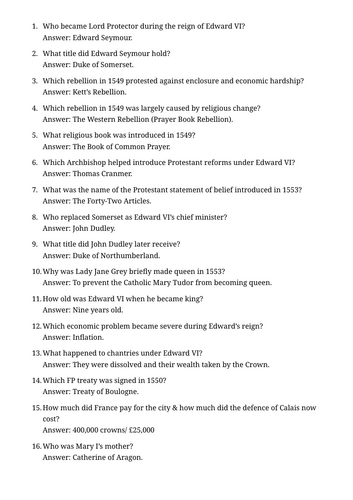 AQA Tudor History Revision - Quiz on Edward VI, Mary I and Elizabeth I - ideal for revision lesson