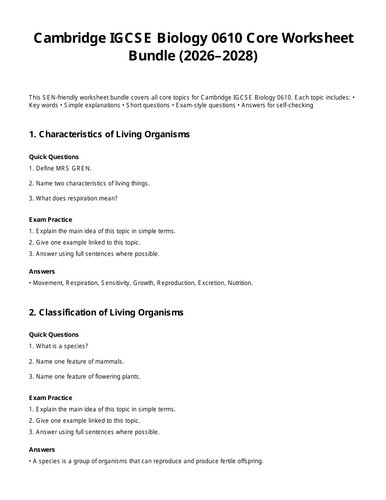 Cambridge IGCSE Biology 0610 Core Worksheet Bundle (2026–2028)