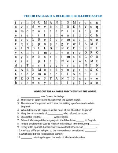 Why was the Tudor Period a Religious Rollercoaster?  Wordsearch and Quiz
