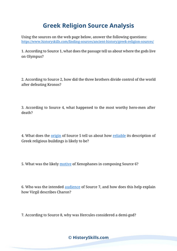 Ancient Greek Religion Source Analysis Worksheet
