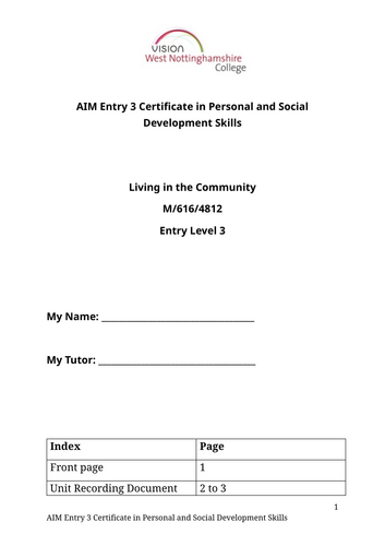 AIM Living in the Community Entry 3 unit booklet and lessons