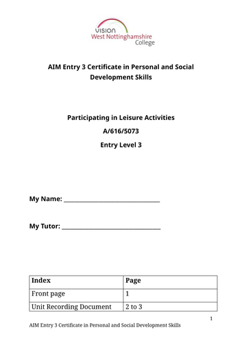 AIM Participating in Leisure Activities Entry 3 unit booklet and lessons
