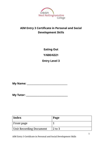 AIM Eating Out Entry 3 unit booklet and lessons